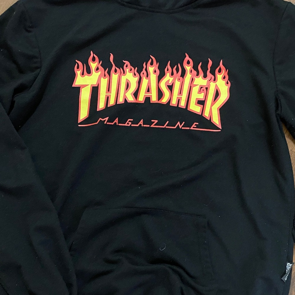 Thrasher Black Sweatshirt hoodie with Fiery Logo Large